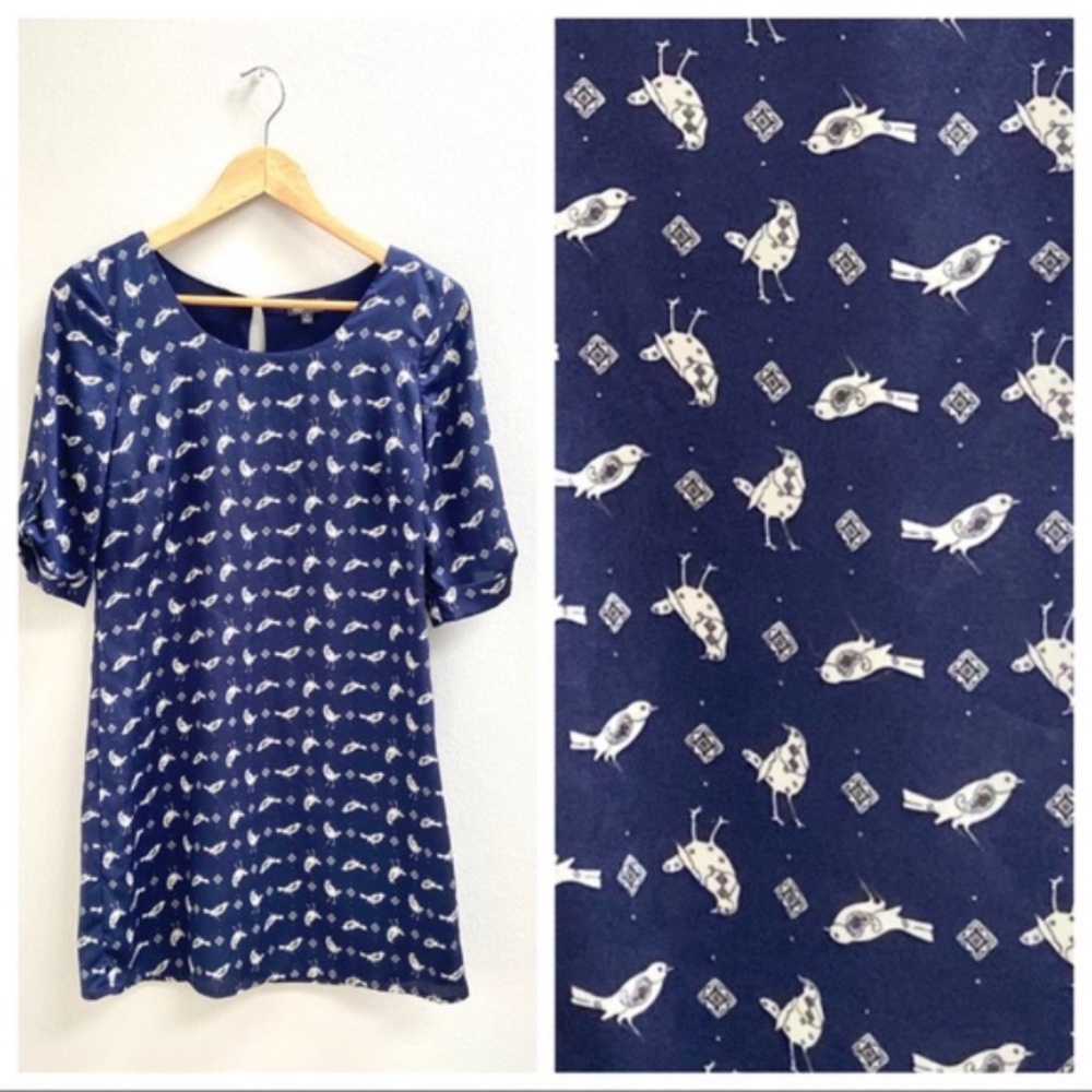 Lily Rose Blue Bird Print Dress Size XS Keyhole